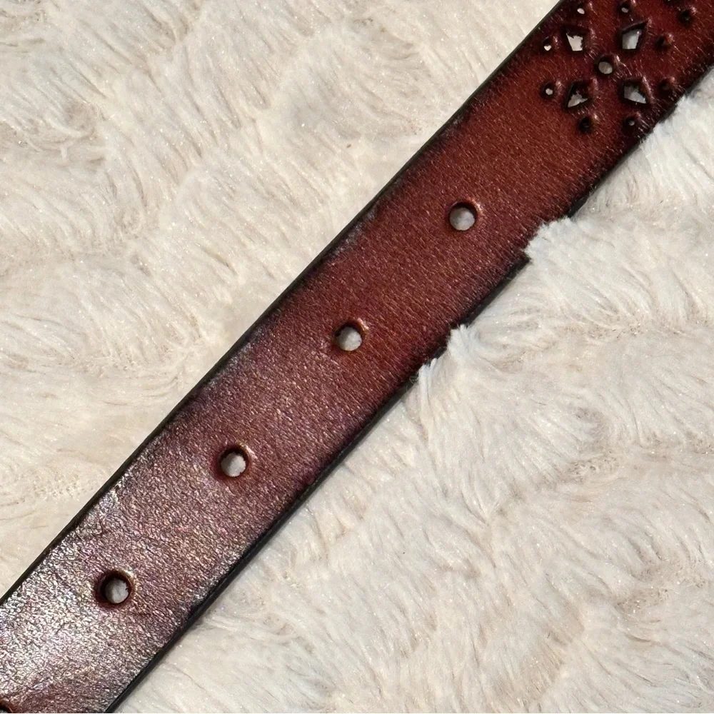 Brown Genuine Leather Laser Cutout Belt Womens M Single Prong Buckle Boho Retro